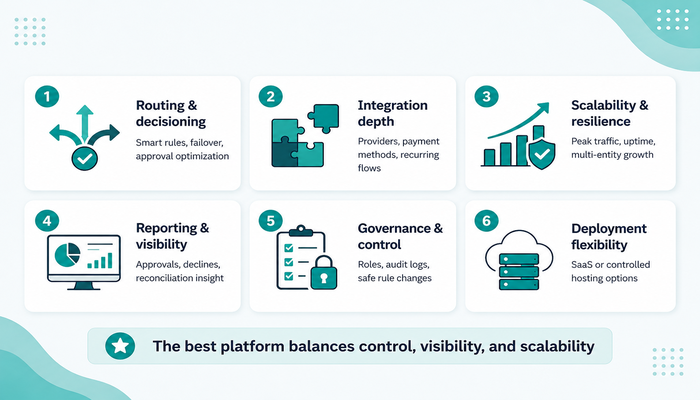 Infographic listing six evaluation criteria for a payment orchestration platform: routing, integration depth, scalability, reporting, governance and deployment flexibility