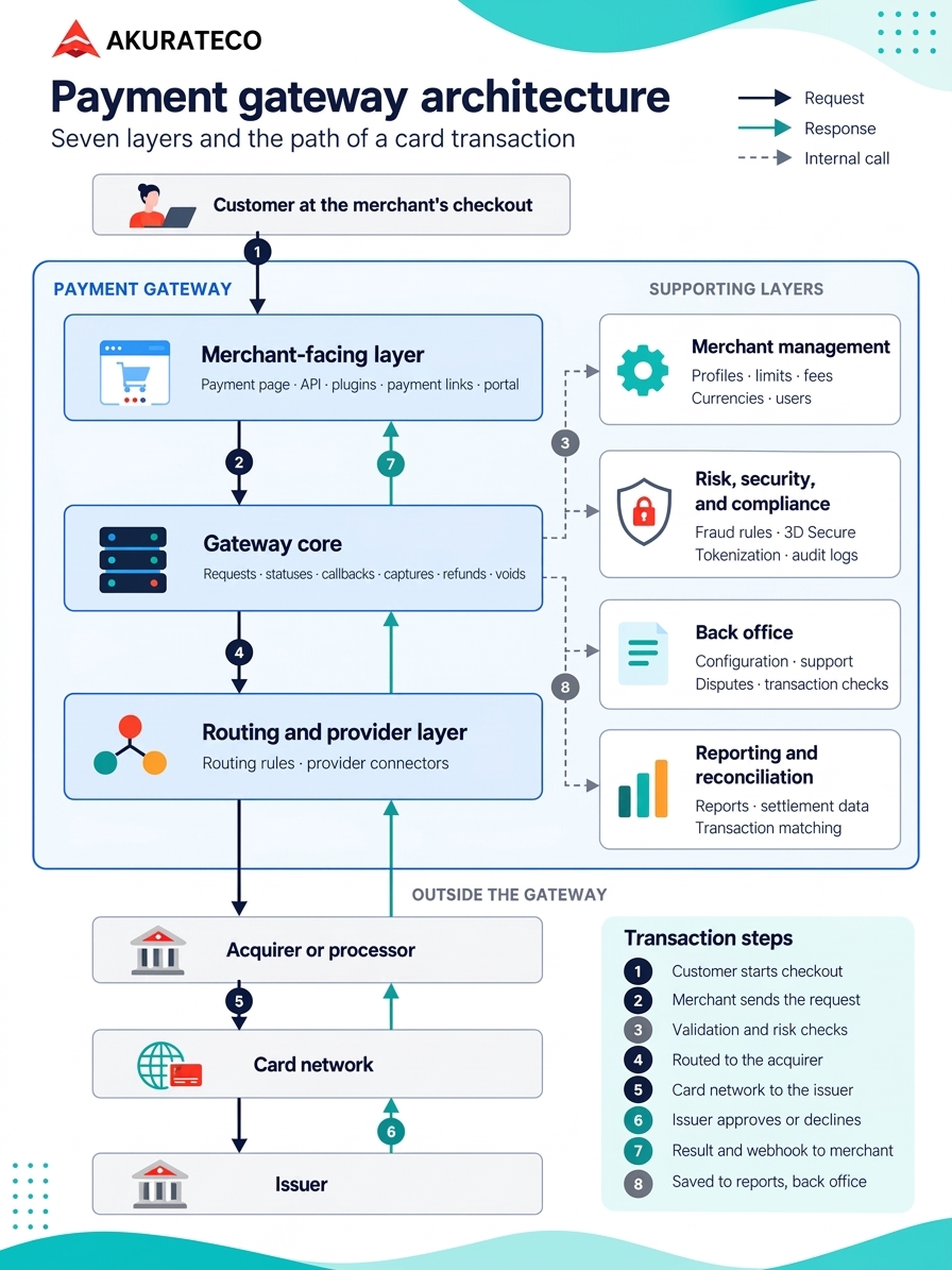 Payment gateway architecture with seven layers and a card transaction's path through the acquirer, card network and issuer