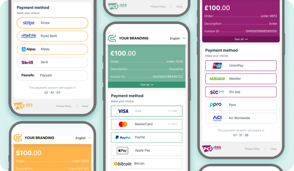 Branded checkout screens on mobile showing localized payment methods, wallets and currencies