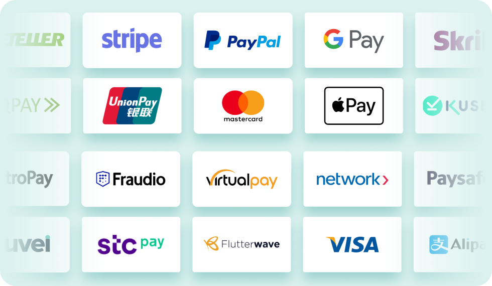 Payment provider logos in Akurateco's connector library, from Visa and Mastercard to Alipay, Flutterwave and STC Pay